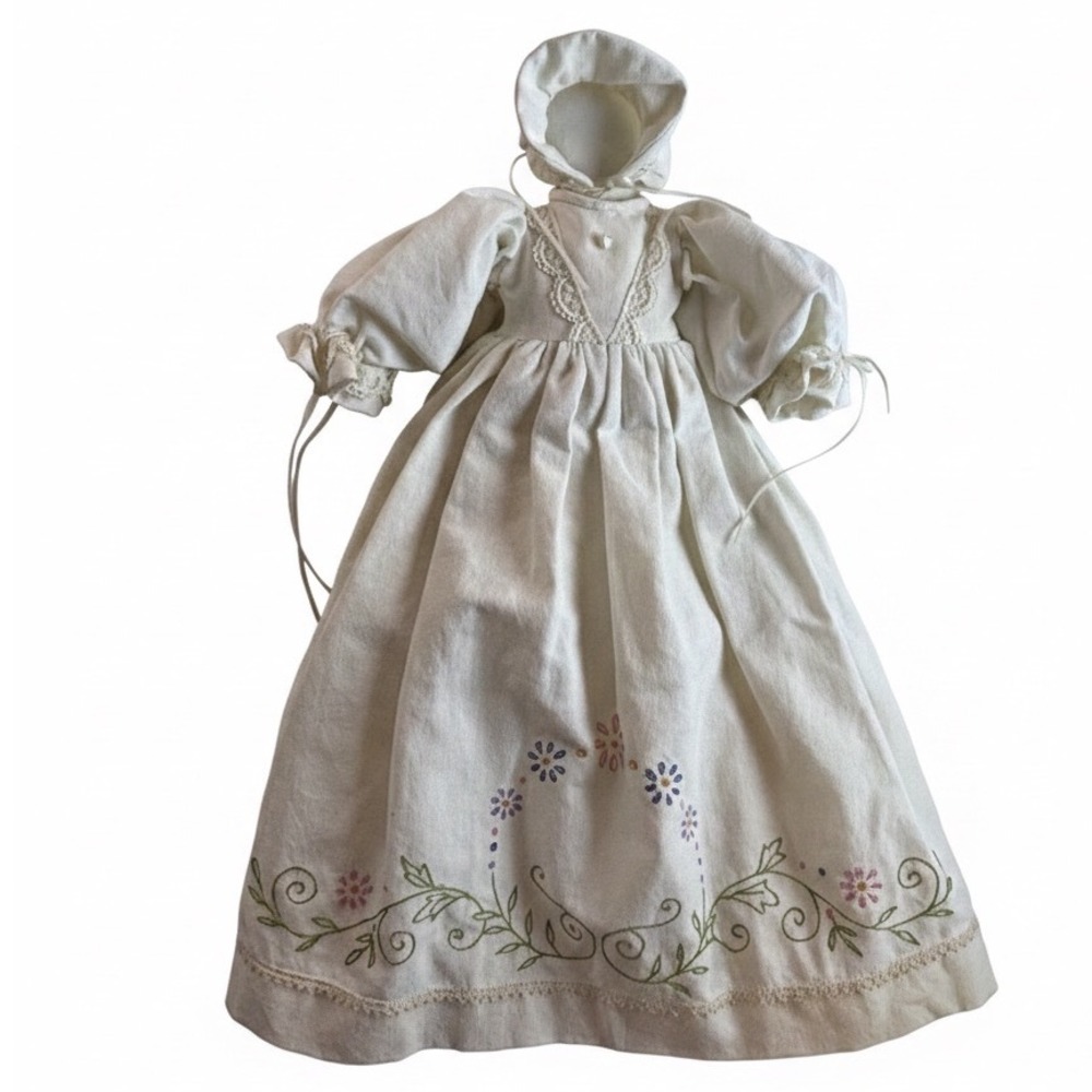 Vtg Style Embroidered Cream‎ Pillowcase Doll Floral Dress Bonnet Bloomers Set